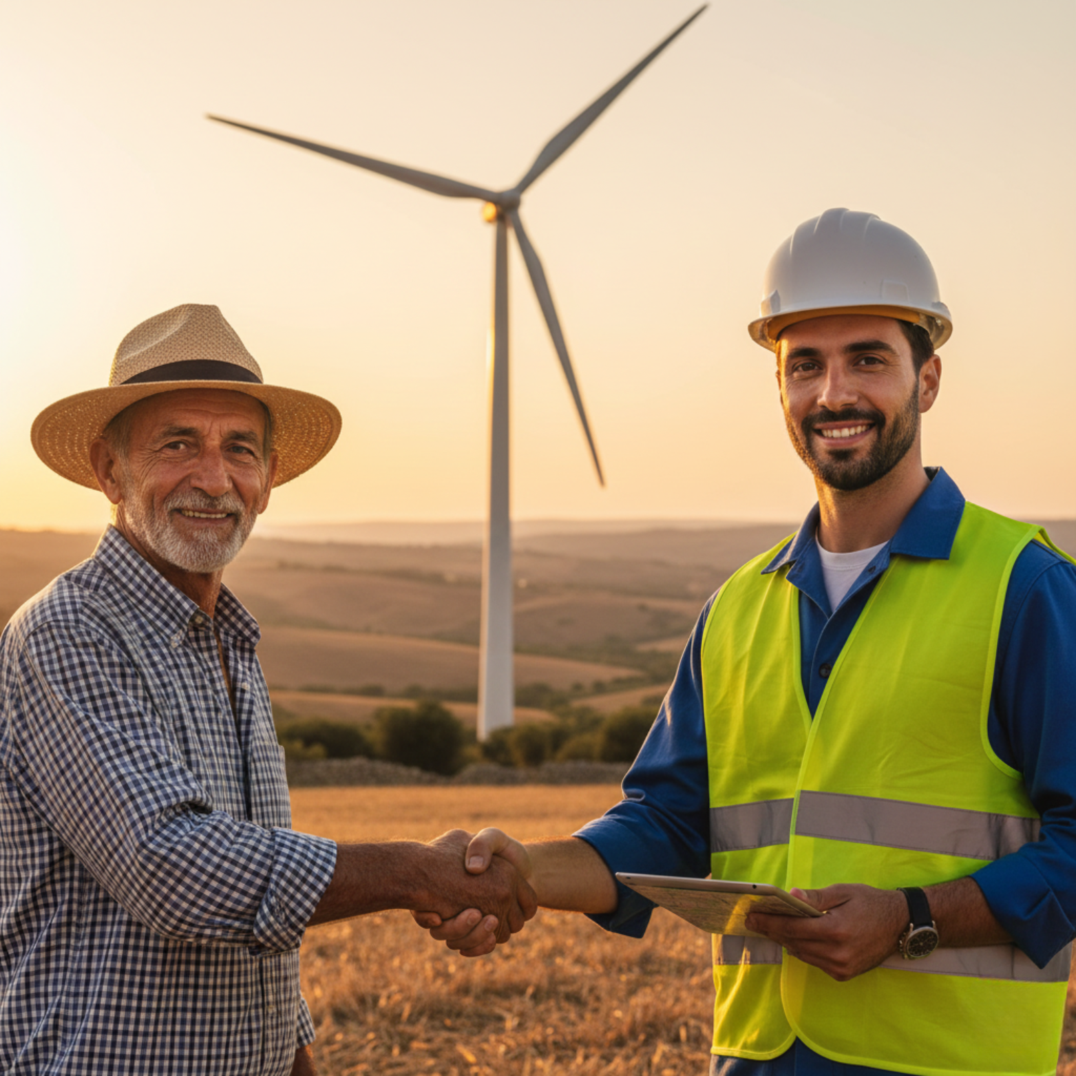 Proprietario terriero e tecnico eolico si stringono la mano davanti a una turbina eolica in Sicilia