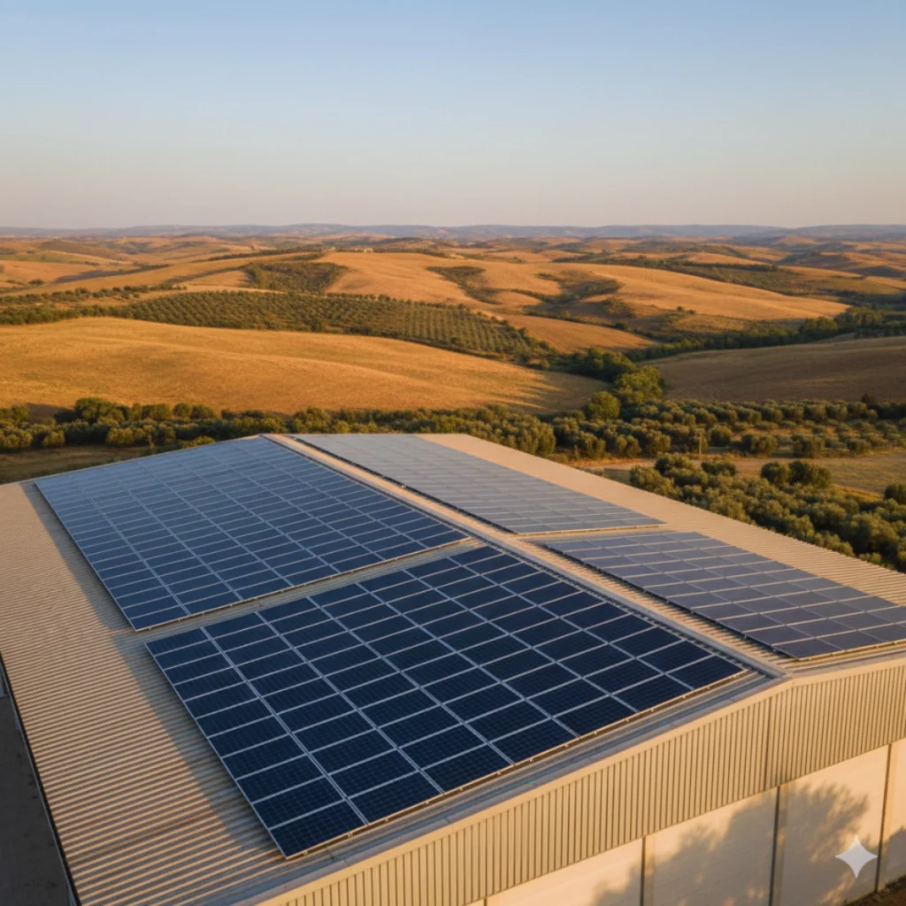 Impianto Fotovoltaico Aziendale in Sicilia Impianto fotovoltaico per media impresa in Sicilia installato su tetto industriale, ideale per aziende agricole e officine di medie dimensioni.
