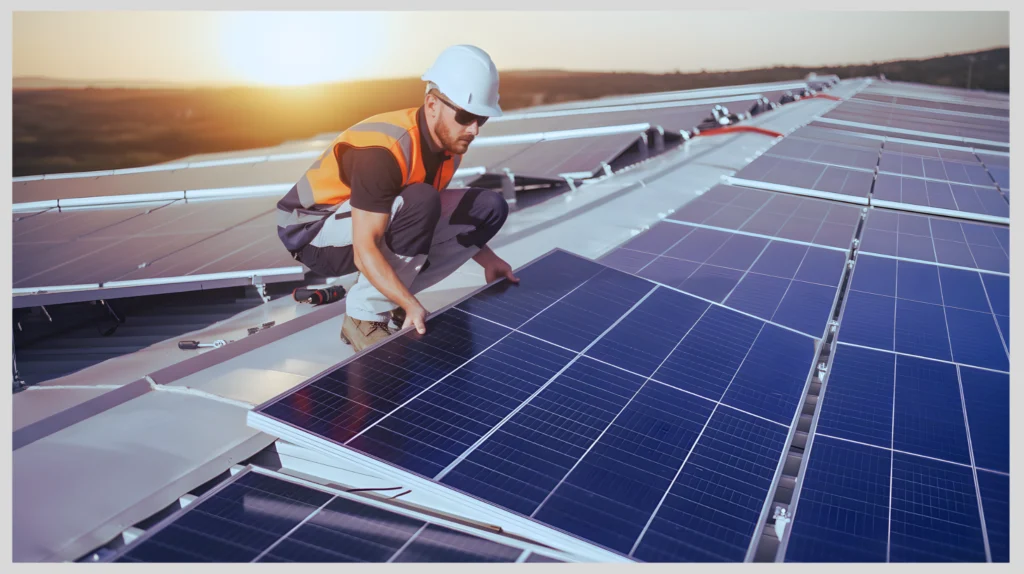 Un tecnico installa un impianto fotovoltaico aziendale su tetto industriale a Palermo, esempio di installazione professionale proposta da FotovoltaicoSicilia.net.