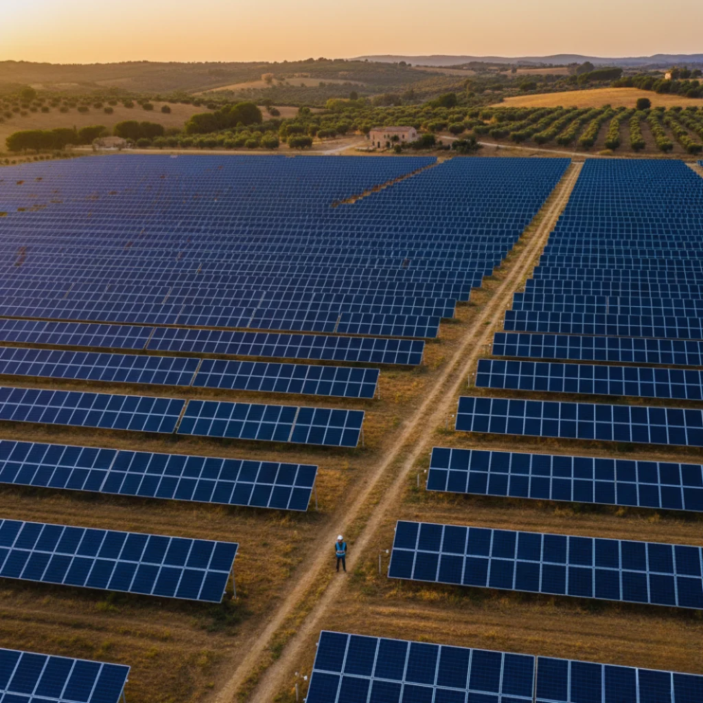 Grande parco fotovoltaico industriale a Ragusa scattato al tramonto, con migliaia di pannelli solari installati su terreni agricoli, gestiti da FotovoltaicoSicilia.net