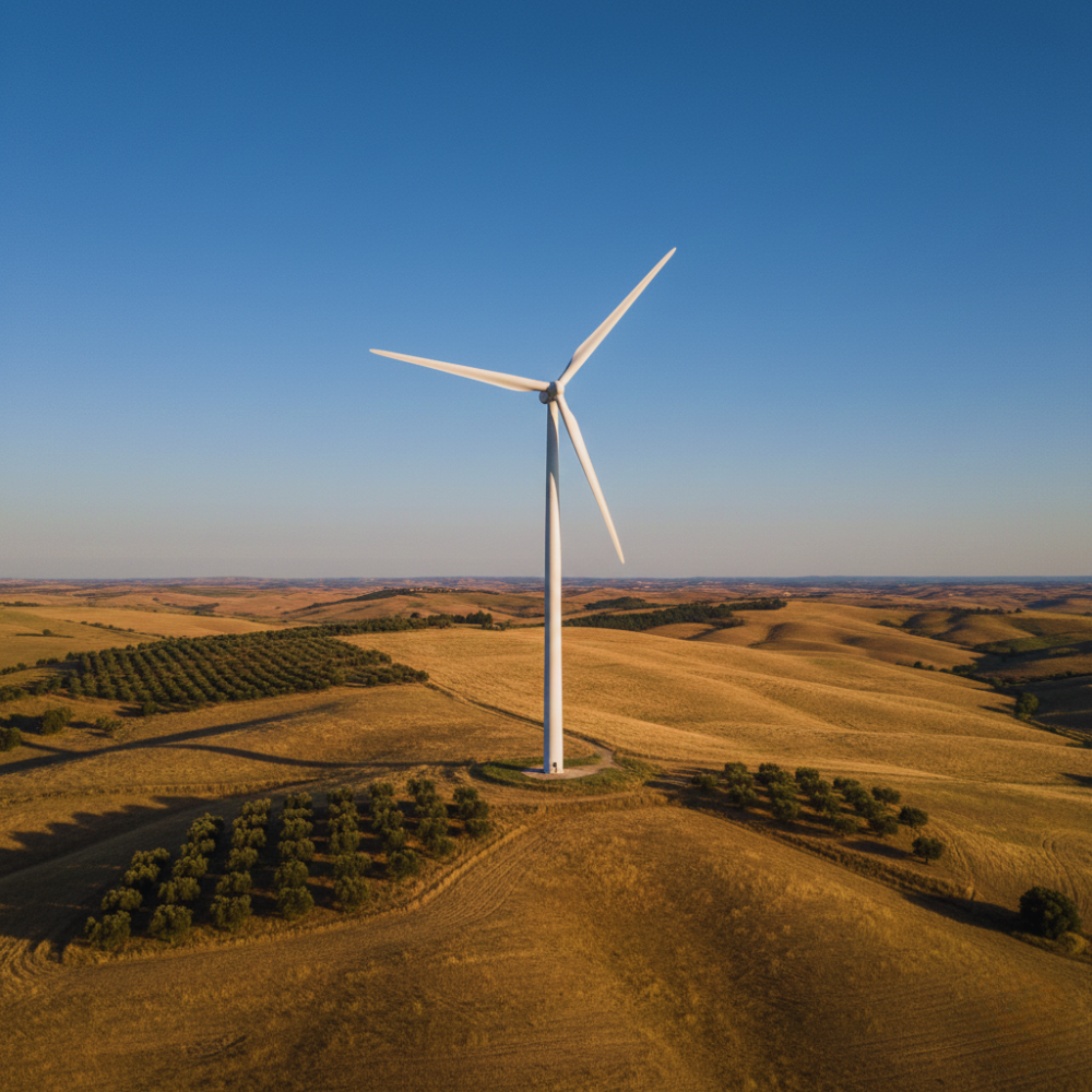 Vista aerea di un terreno agricolo con singola turbina eolica in Sicilia, ideale per impianto eolico industriale e affitto terreno