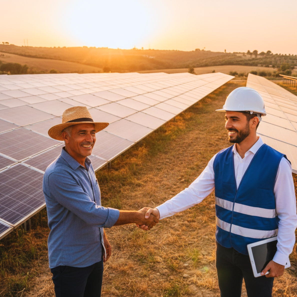 Proprietario e tecnico si stringono la mano davanti a un impianto fotovoltaico in Sicilia, simbolo della vendita del terreno con rendita sicura e guadagno immediato.
