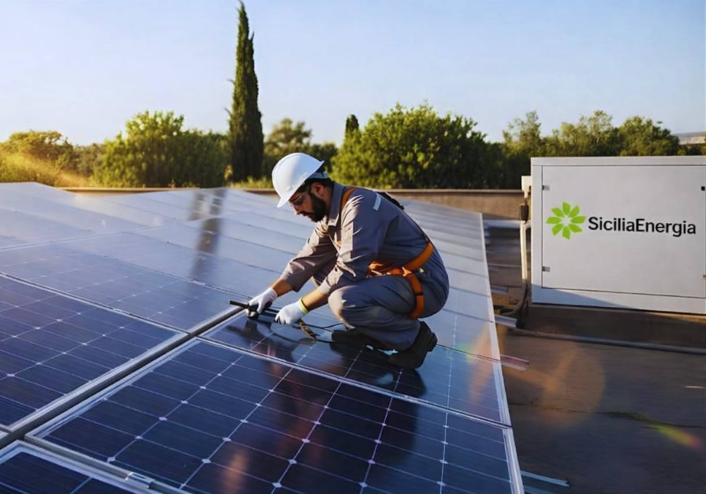 Tecnico installa pannelli fotovoltaici su tetto in Sicilia per impianto solare chiavi in mano